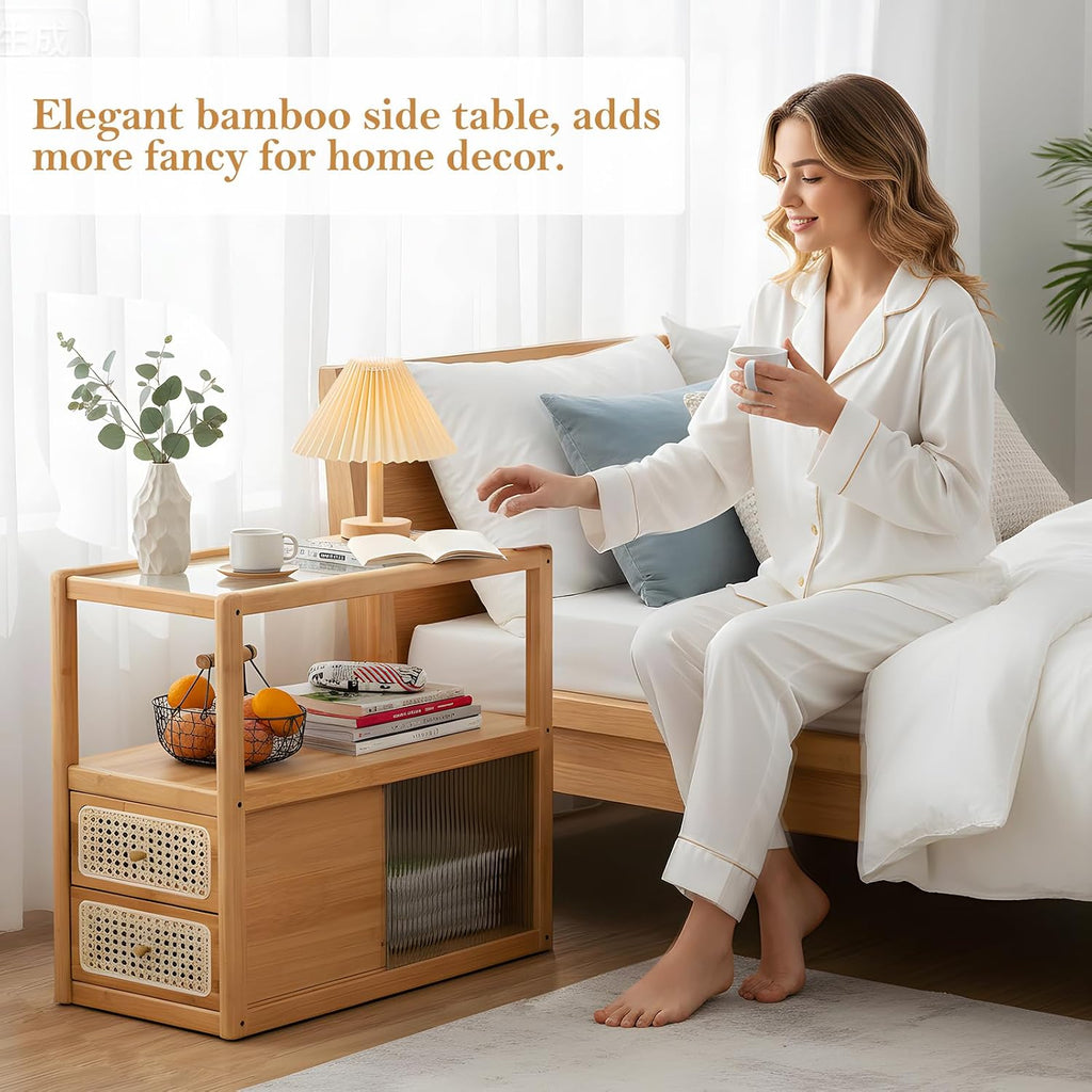Tiita Rattan Nightstand Side Table, Bamboo Accent Bedside Tables, Glass Coffee Tables, Boho Wooden End Table with Storage for Small Space, Living Room and Bedroom