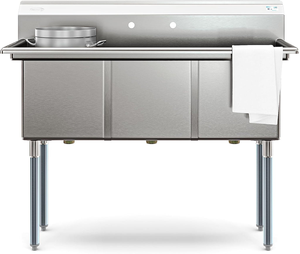 KoolMore 51 in. Three Compartment 16-Gauge Stainless-Steel Commercial Kitchen Sink, Bowl Size 15x15x14, with Three Basins for Washing and Rinsing Dishes and Pre-Drilled Faucet Holes (KM-SC151514-N316)
