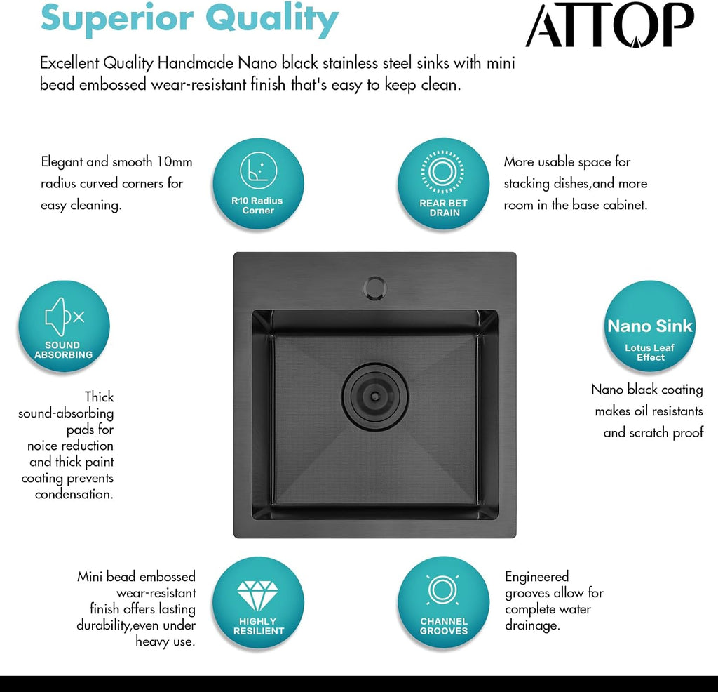 ATTOP 18 Inch Black Drop in Bar sink,18x18 Inch Nano Black Stainless Steel Handmade Small Single Bowl Sink Drop In Kitchen Bar sink