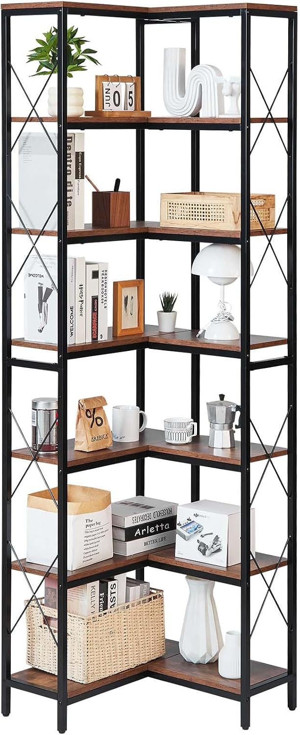 VEVOR 7 Tier Corner Bookshelf, 79' Tall Corner Bookcase with Heavy Duty Metal Frame & Wooden Shelves, Industrial Reversible L Shaped Corner Display Shelf for Bedroom, Living Room, Office