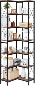 VEVOR 7 Tier Corner Bookshelf, 79' Tall Corner Bookcase with Heavy Duty Metal Frame & Wooden Shelves, Industrial Reversible L Shaped Corner Display Shelf for Bedroom, Living Room, Office