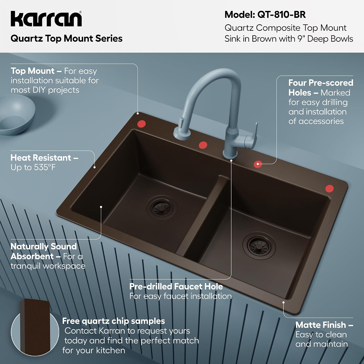 Karran 33' Brown Quartz Composite Double Bowl Kitchen Sink – Top Mount Drop-In 50/50 Low Divider, 80% Natural Quartz, 535°F Heat Resistant, Sound Dampening, Granite Composite, QT-810