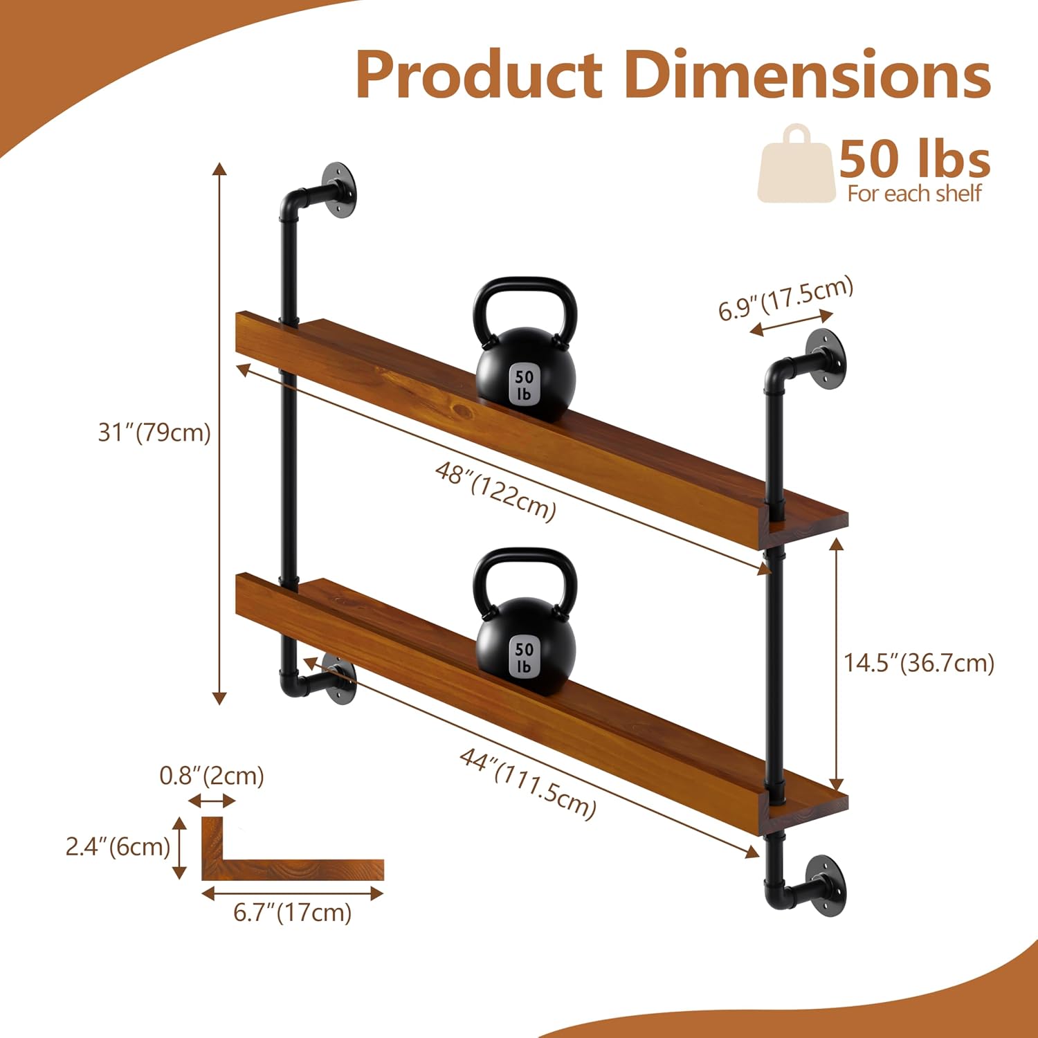 Wall Mounted Wine Rack with LED Light, LED Industrial Pipe Wine Shelf, 2-Tier Hanging Bottle Rack, Bar Storage Shelf for Bottles (Walnut Brown, 48')