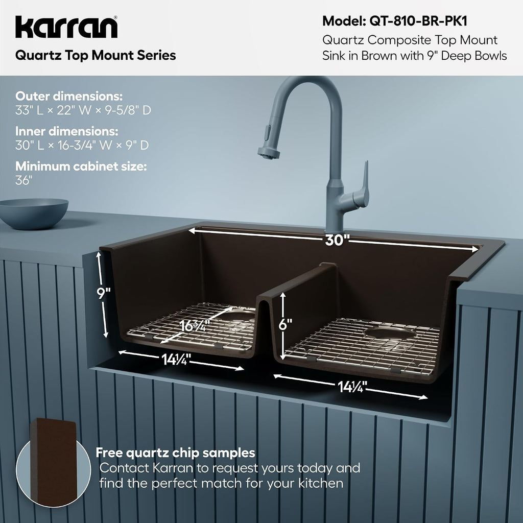Karran QT-810 33' Top Mount Double Equal Bowl Quartz Kitchen Sink Kit in Brown