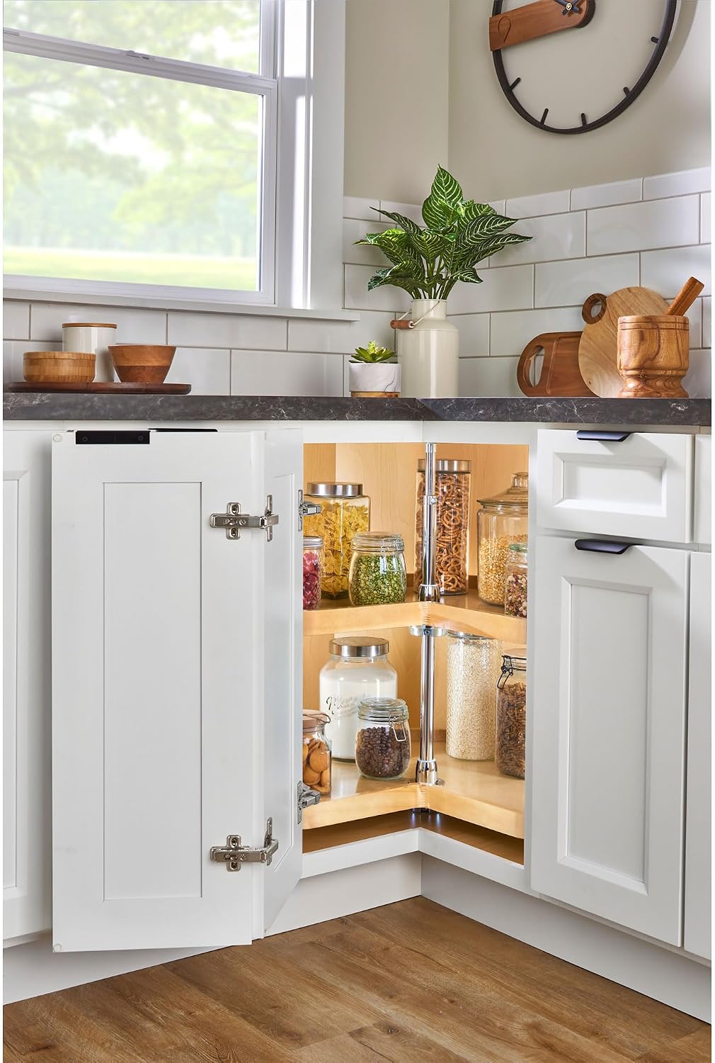 Rev-A-Shelf Dual Shelves Kidney-Shape 32' Lazy Susan Turntable Home Organizer for Diagonal Lower Corner & Base Kitchen Cabinets, Wooden, 4WLS472-32-52