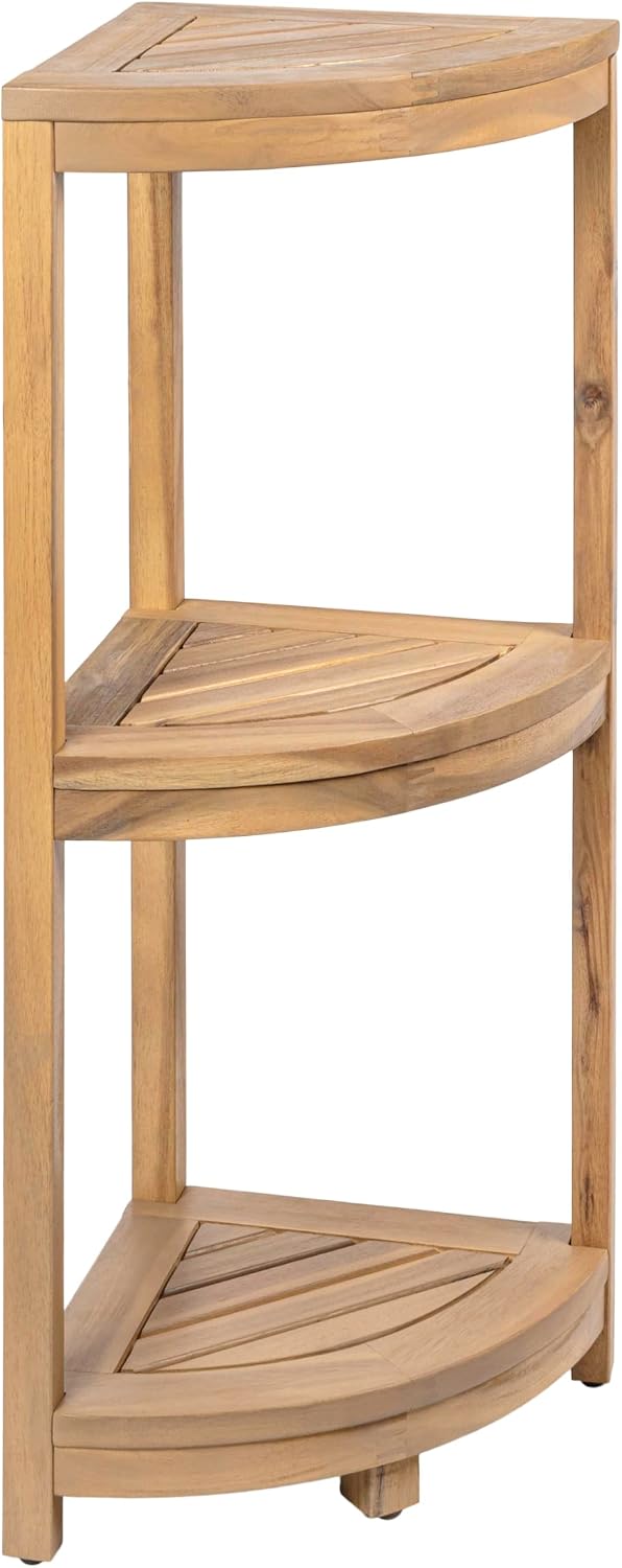 happimess SHF1000T Sela 33' Classic Minimalist 3-Tier Acacia Wood Freestanding Bathroom Corner Shelf, Shower Organizer, Storage Rack for Bath, Office, Kitchen Desktop, Light Teak