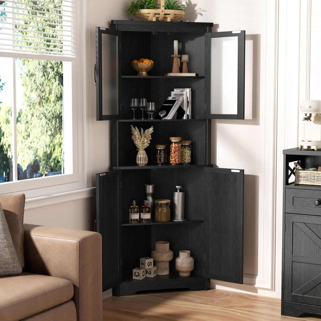 67''H Black Tall Farmhouse Corner Storage Cabinet with 4 Tempered Glass Doors and Barn Doors, Narrow Bathroom Cabinet with 2 Adjustable Shelves, Corner Hutch for Kitchen, Dining Living Room