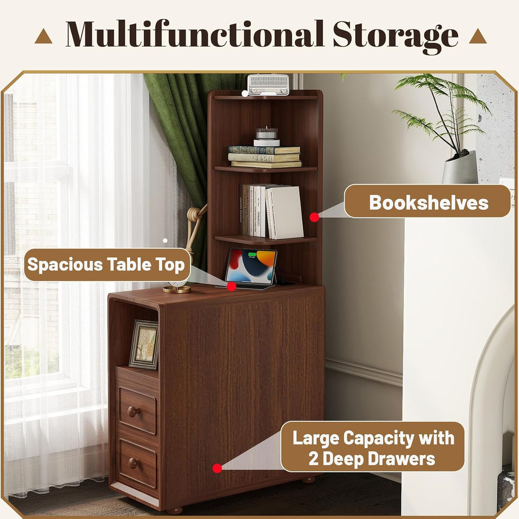 47.2' Tall Nightstand with Charging Station, Wood Tall End Table with Storage Drawers and Open Bookshelves, Narrow Sofa Table Corner Side Table for Small Spaces, Living Room, Bedroom, Walnut