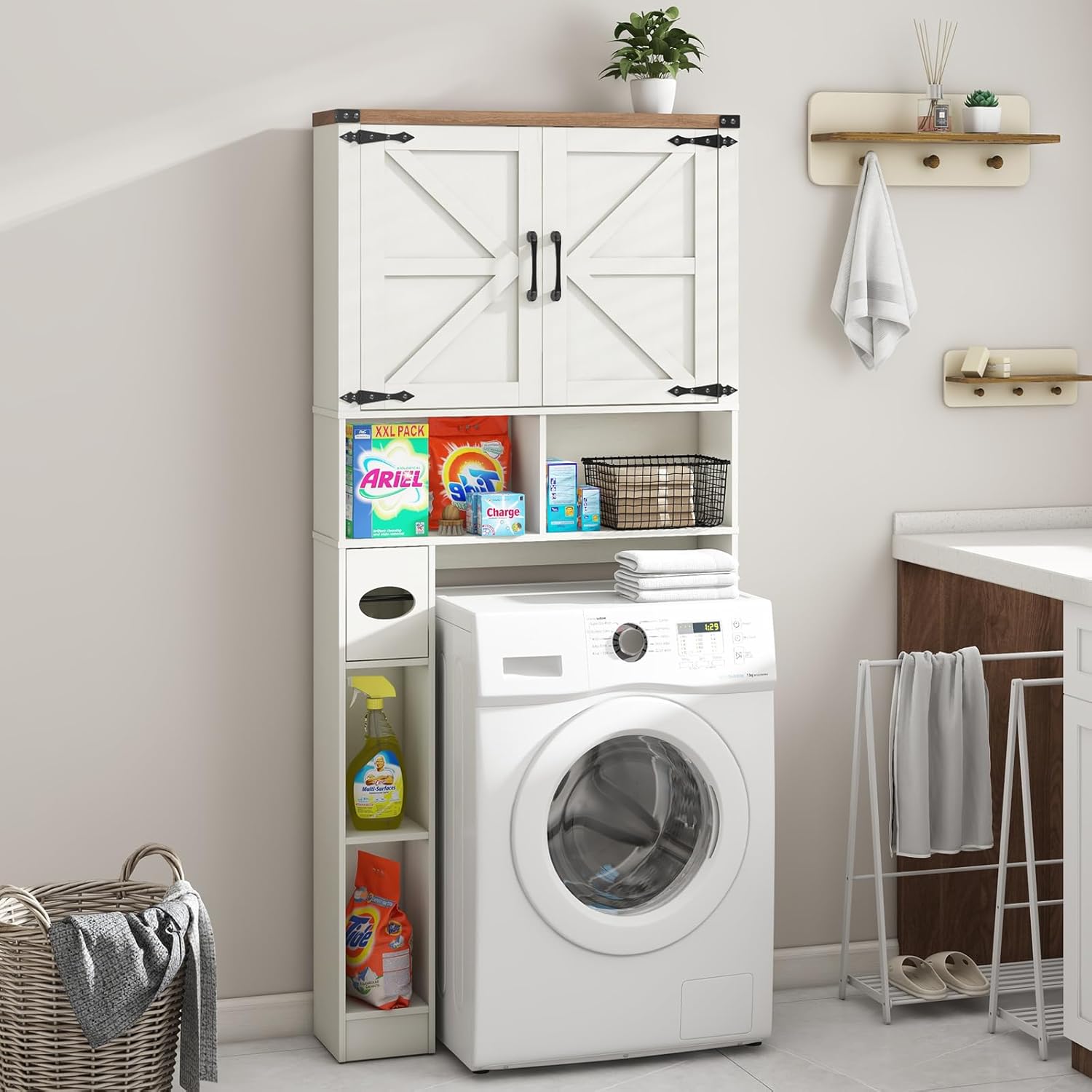 Vabches Over The Toilet Storage Cabinet, Farmhouse Storage Cabinet Over Toilet with 2 Barn Doors && Toilet Paper Holder Stand，Home Space-Saving Toilet Rack, for Laundry, Restroom, Bathroom