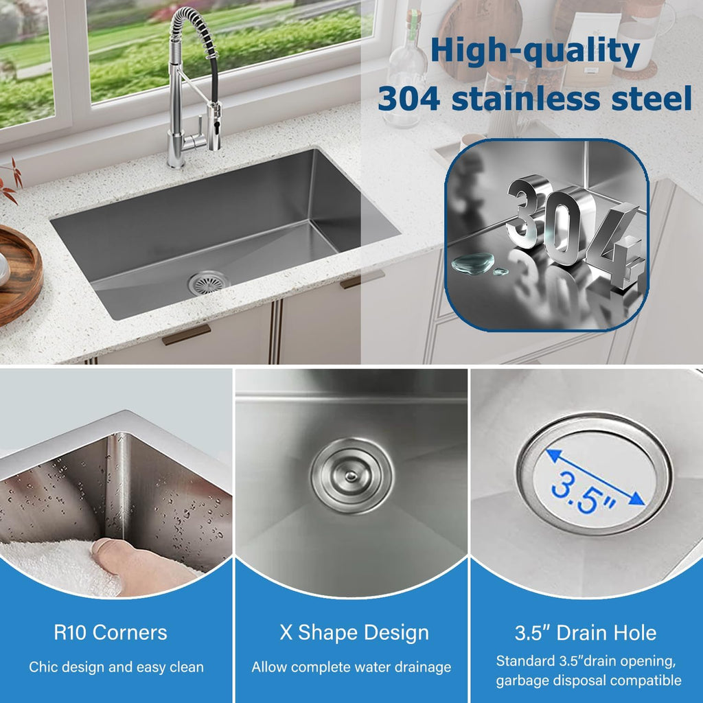 Sinber HU3219S-S 32' x 19' x 10' Undermount Single Bowl Kitchen Sink with 18 Gauge 304 Stainless Steel Satin Finish HU3219S-S (Sink Only)