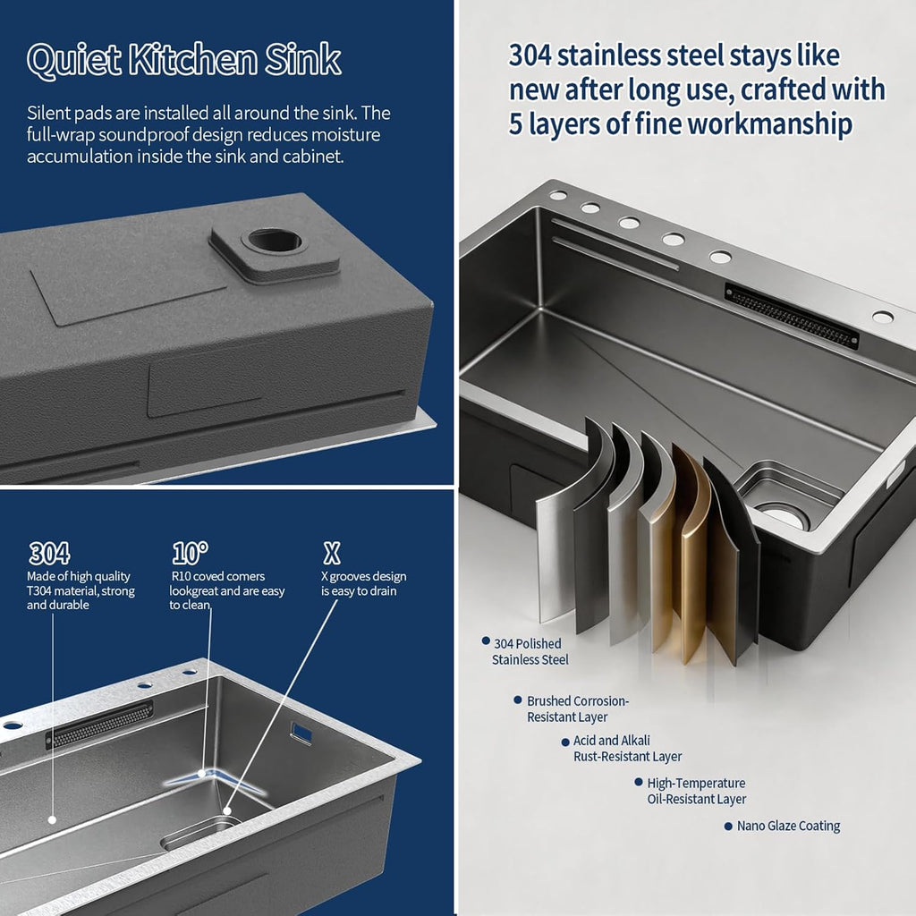 33 x 22 inch Waterfall Smart Kitchen Sink Workstation Topmount 16 Gauge Stainless Steel Kitchen Sink, Single Bowl Multifunctional Sinks with Soap Dispenser Waterfall Faucet Combo Set with Cup Washer