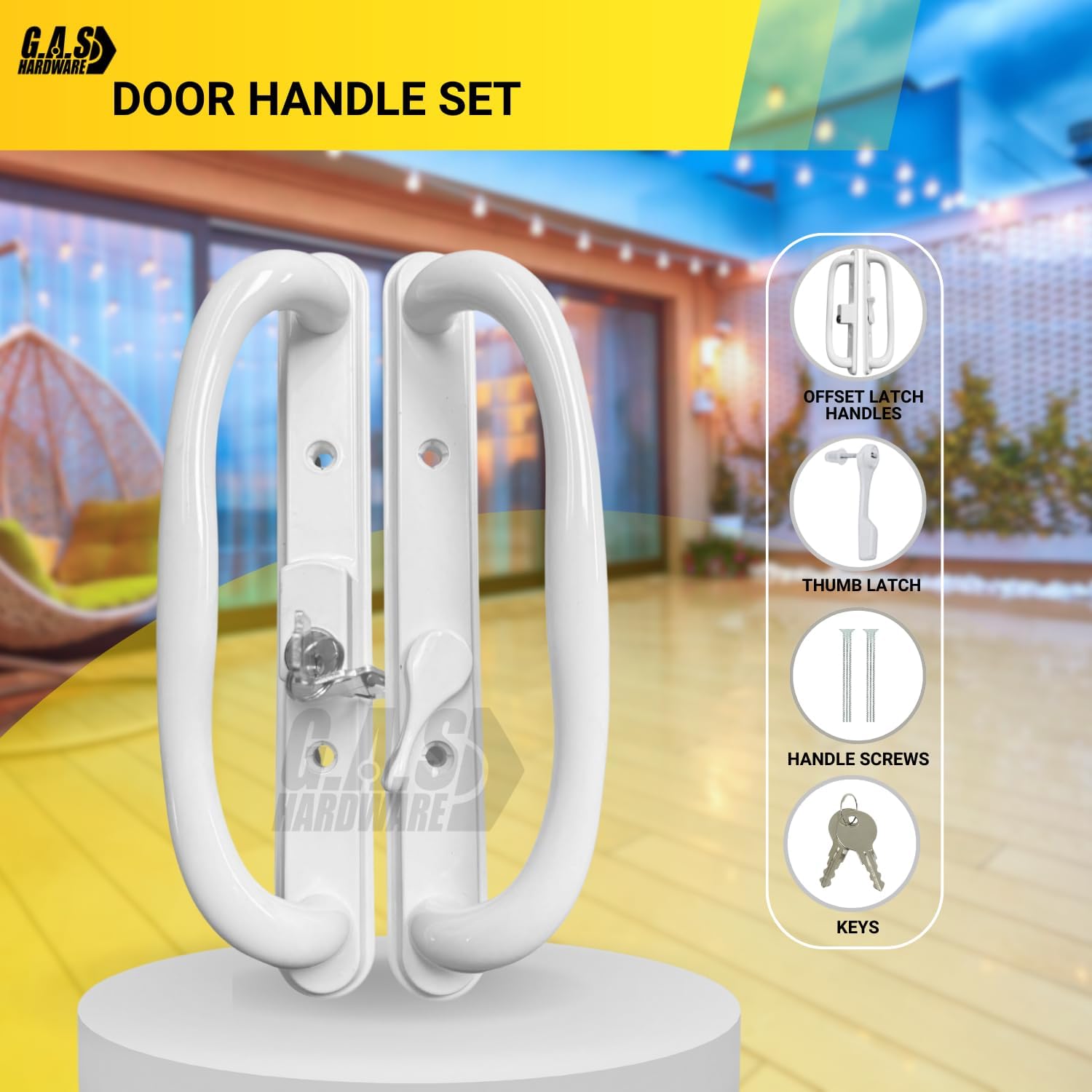 10' Olympus Sliding Patio Glass Door White Offset Pull Handle Set Replacement with Keys fits 3 ¹⁵/₁₆ inches Hole Spacing, and 1-1/4' to 2-1/4' Door Thickness - Fix and Repair Hardware