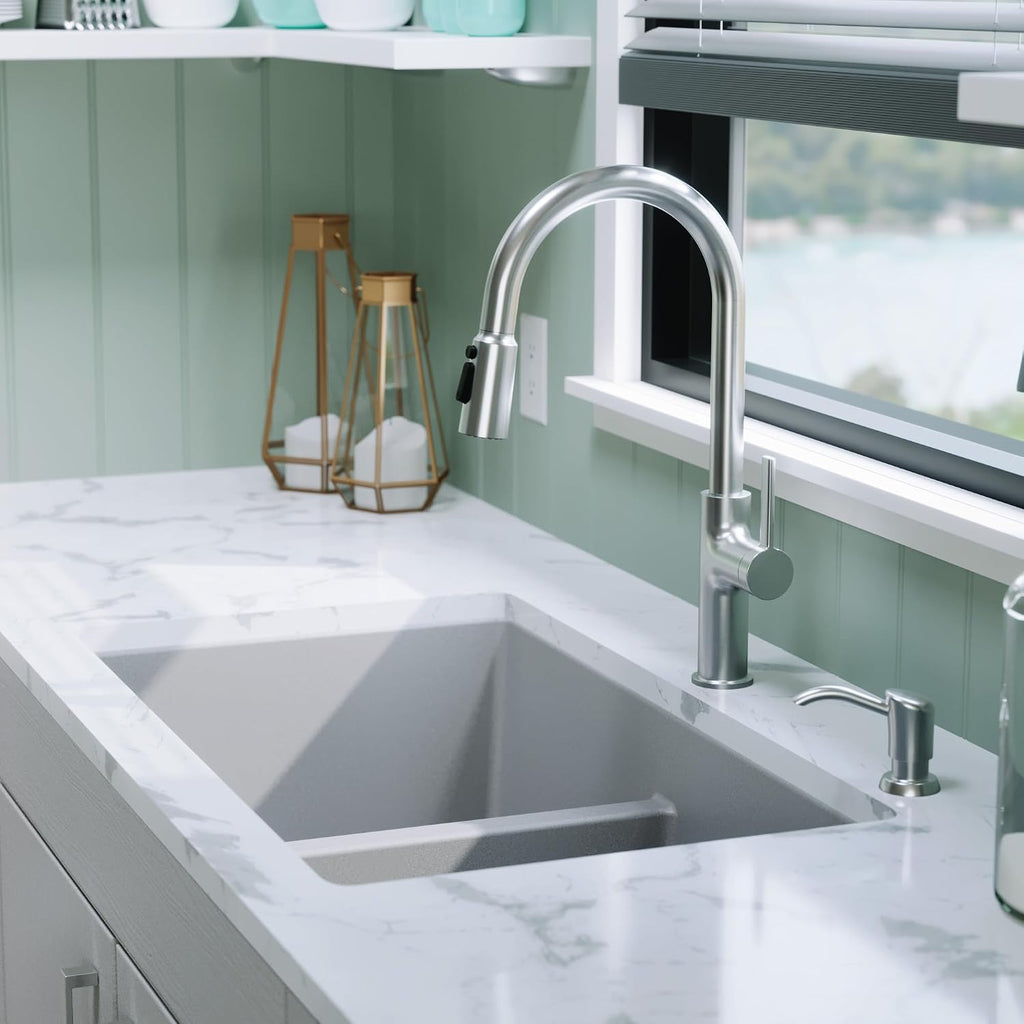 Karran 32' Grey Quartz Composite Undermount Double Bowl Kitchen Sink with Low Divider – 50/50 Equal Bowl, 80% Natural Quartz, 535°F Heat Resistant, Sound Dampening, QU-810
