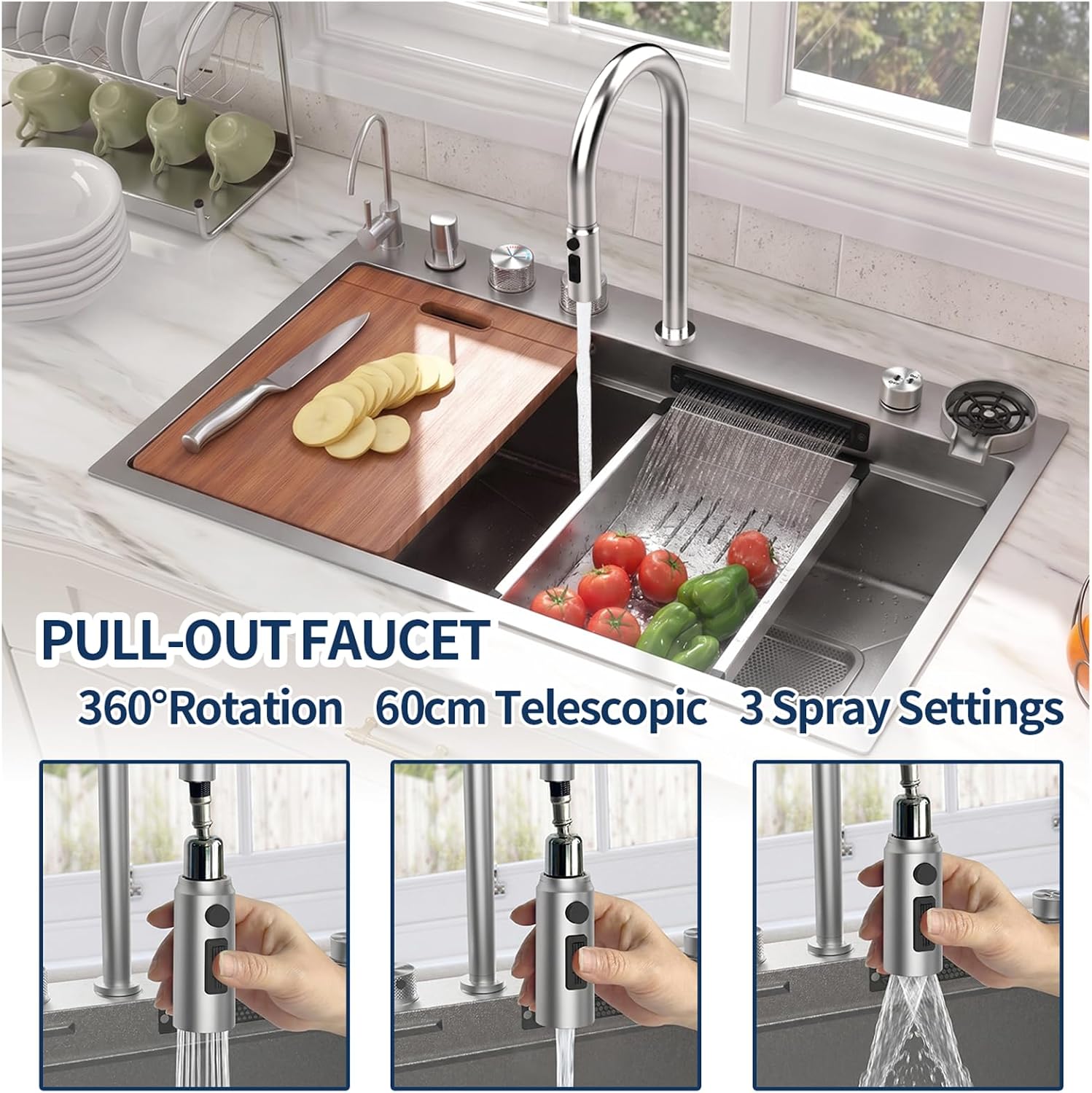 33 x 22 inch Waterfall Smart Kitchen Sink Workstation Topmount 16 Gauge Stainless Steel Kitchen Sink, Single Bowl Multifunctional Sinks with Soap Dispenser Waterfall Faucet Combo Set with Cup Washer