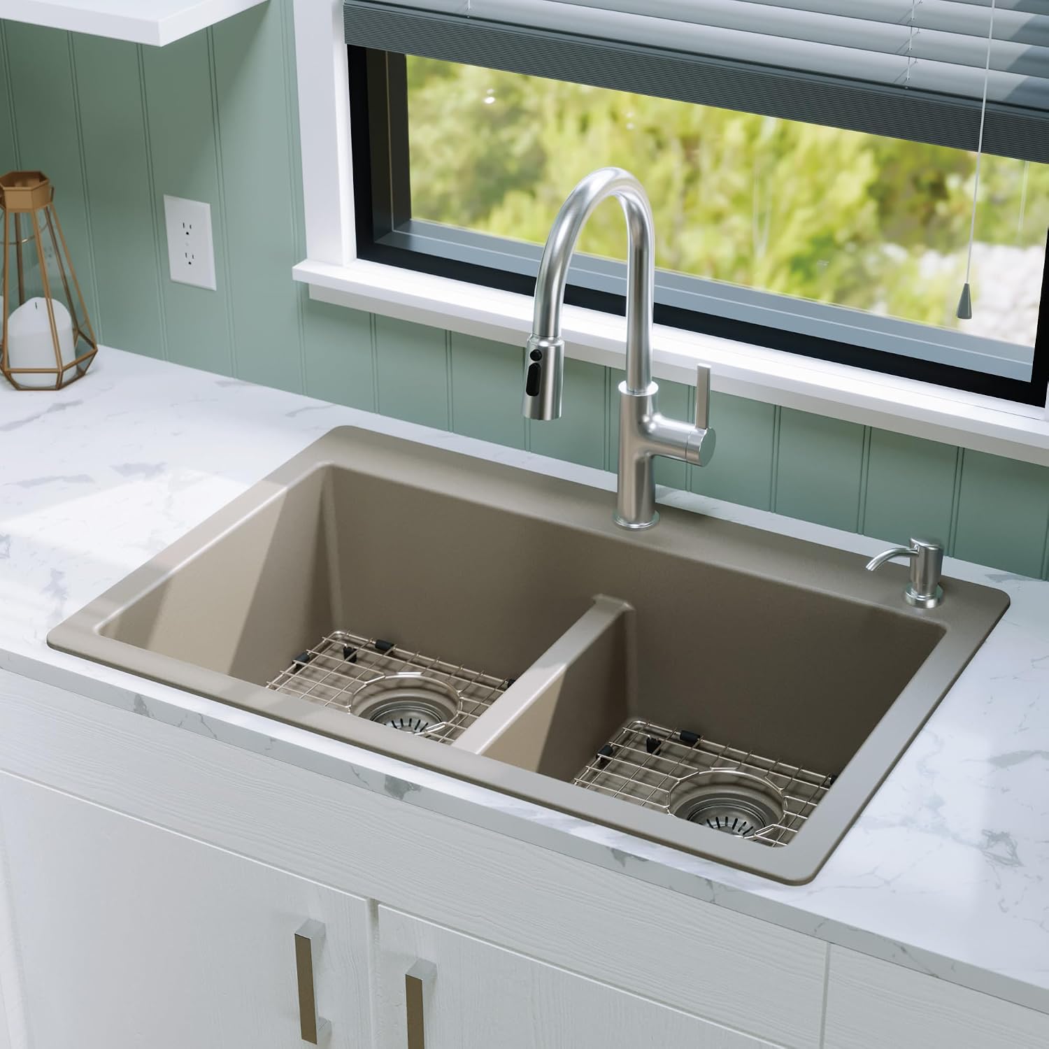Karran QT-810 33' Top Mount Double Equal Bowl Quartz Kitchen Sink Kit in Concrete
