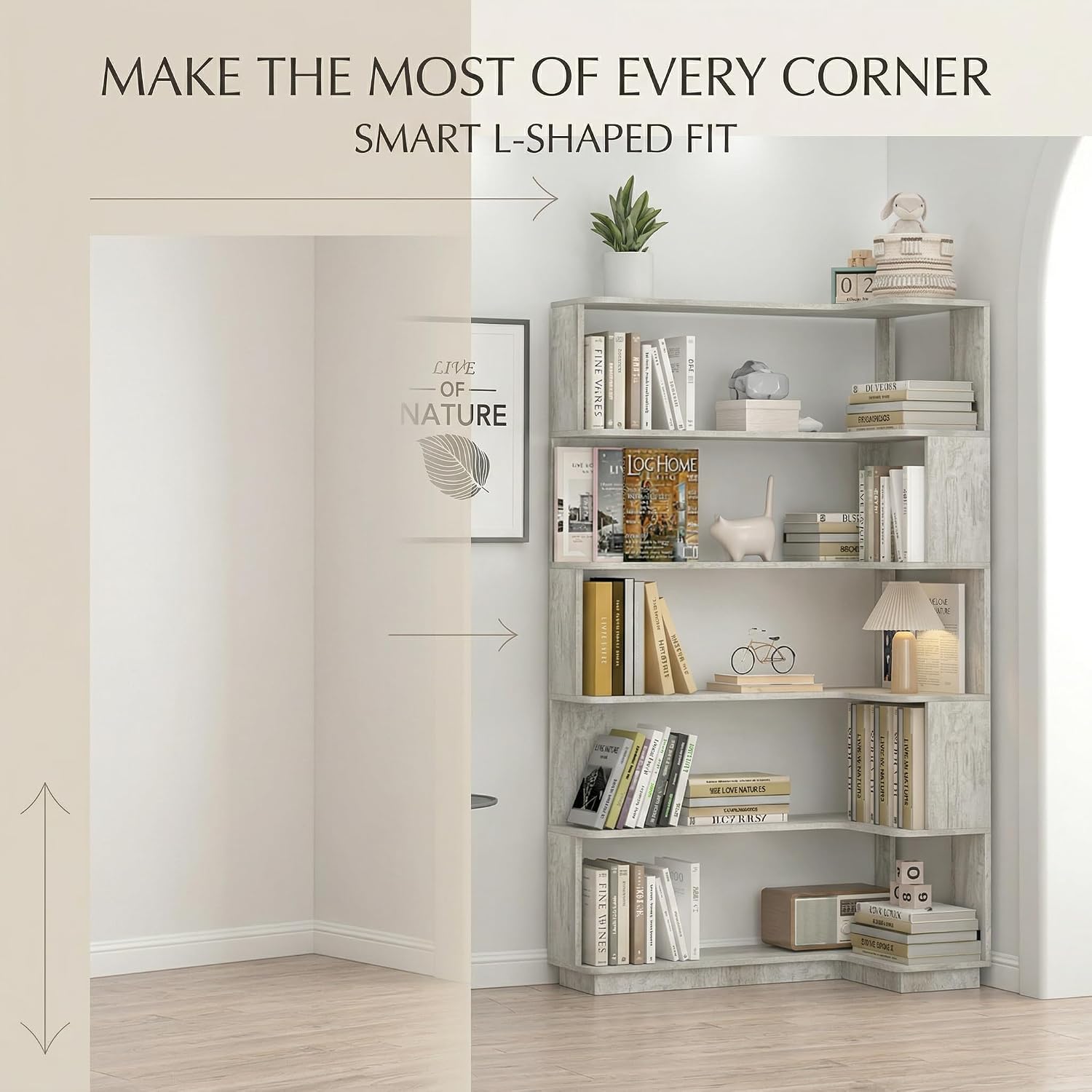 5 Tier Corner Bookshelf, Freestanding L-Shaped Wooden Bookcase with Open Shelves, Anti-Fall Panels and Anti-Tipping Device for Living Room, Home Office (Light Gray with Left Extension)