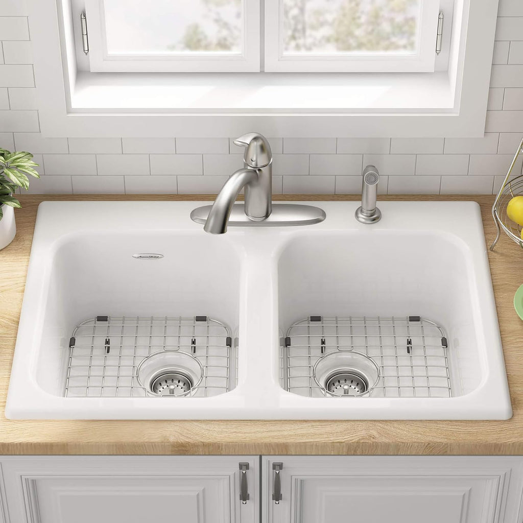 American Standard 77DB33224.308 Quince 33x22 Top Mount Double Bowl Cast Iron Kitchen Sink - 4 Holes,