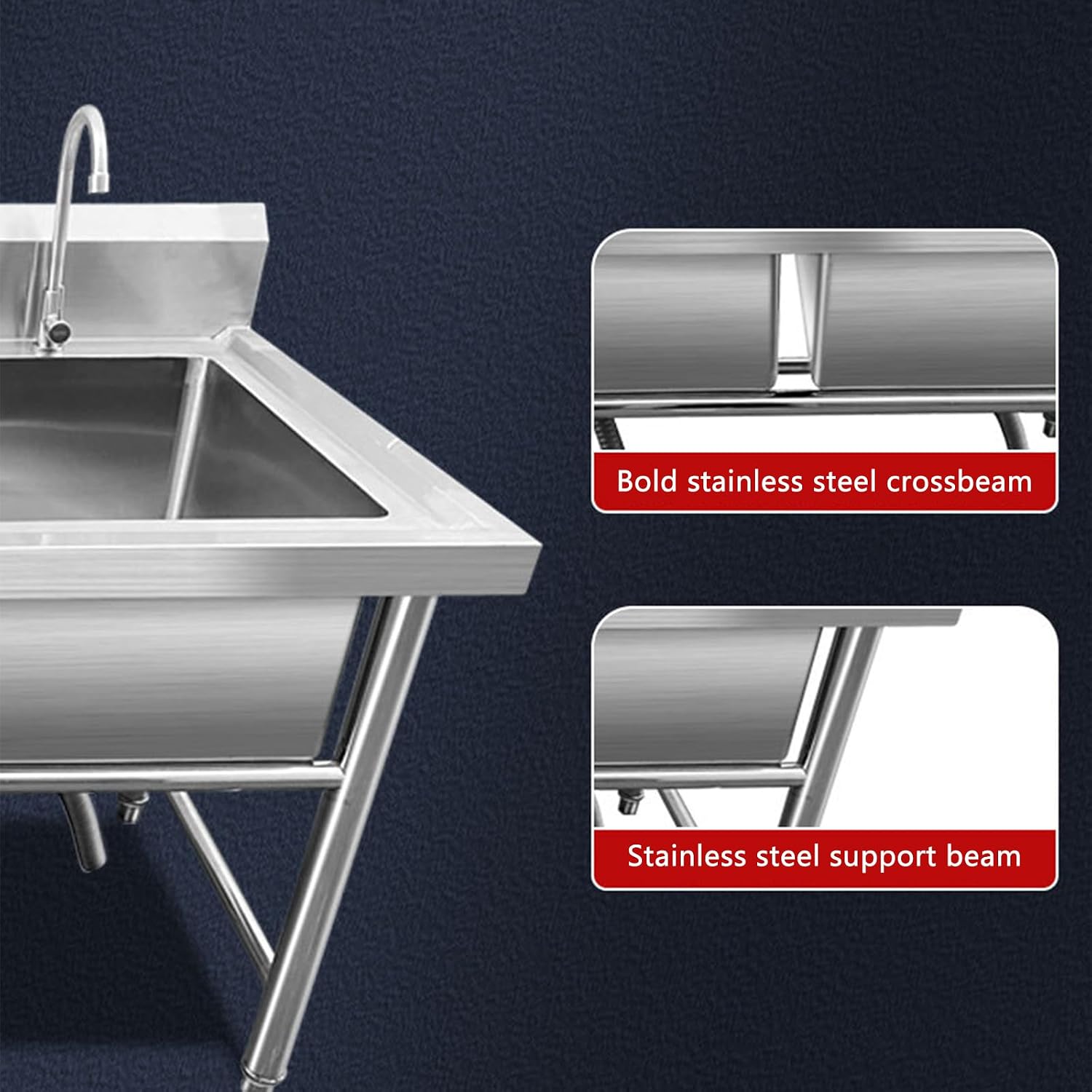 3-Compartment Commercial Stainless Steel Sink, Freestanding Triple Bowl Kitchen Sink, 59' L x 23.6' W x 31.5' H