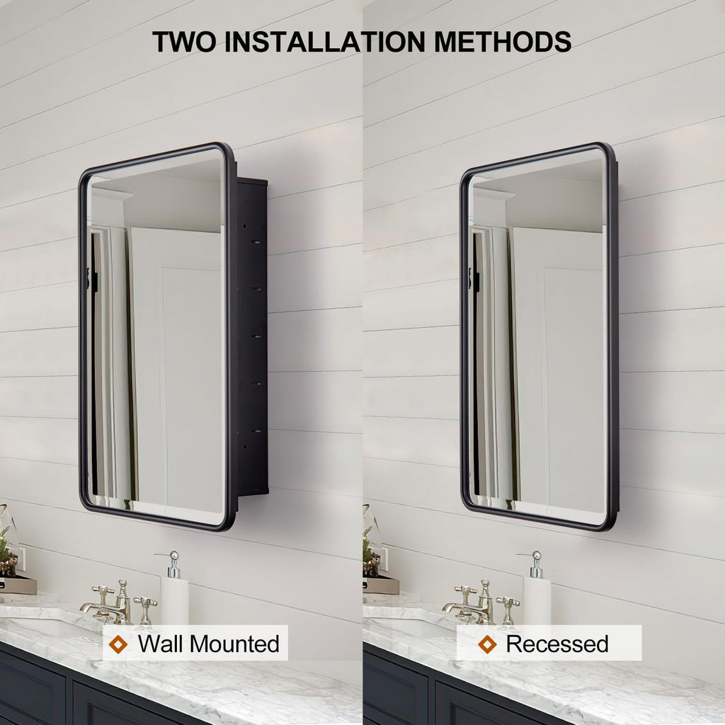 Black Bathroom Medicine Cabinet with Mirror 16 x 24 Metal Frame Recessed Or Wall Mounted Single Door Storage Medicine Cabinets with Adjustable Shelves Rounded Corner Beveled Mirrors
