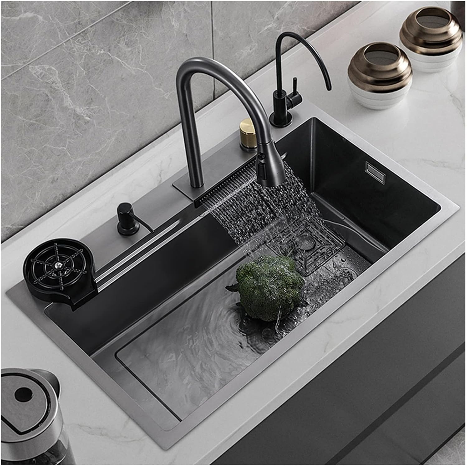 304 Stainless Steel Kitchen Sink Single Bowl Bar Prep Sink Multi-Function RV Sink with Faucet Cup Washer Drain Assembly Drop in Or Under Mount (Color : Grey, Size : 68x45x21cm) (Gun Grey 68x4