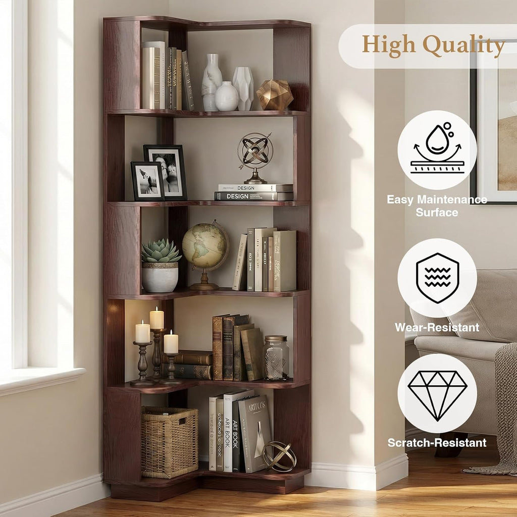5 Tier Corner Bookshelf, Freestanding L-Shaped Wooden Bookcase with Open Shelves, Anti-Fall Panels and Anti-Tipping Device for Living Room, Bedroom, Home Office (Ox Blood Red)