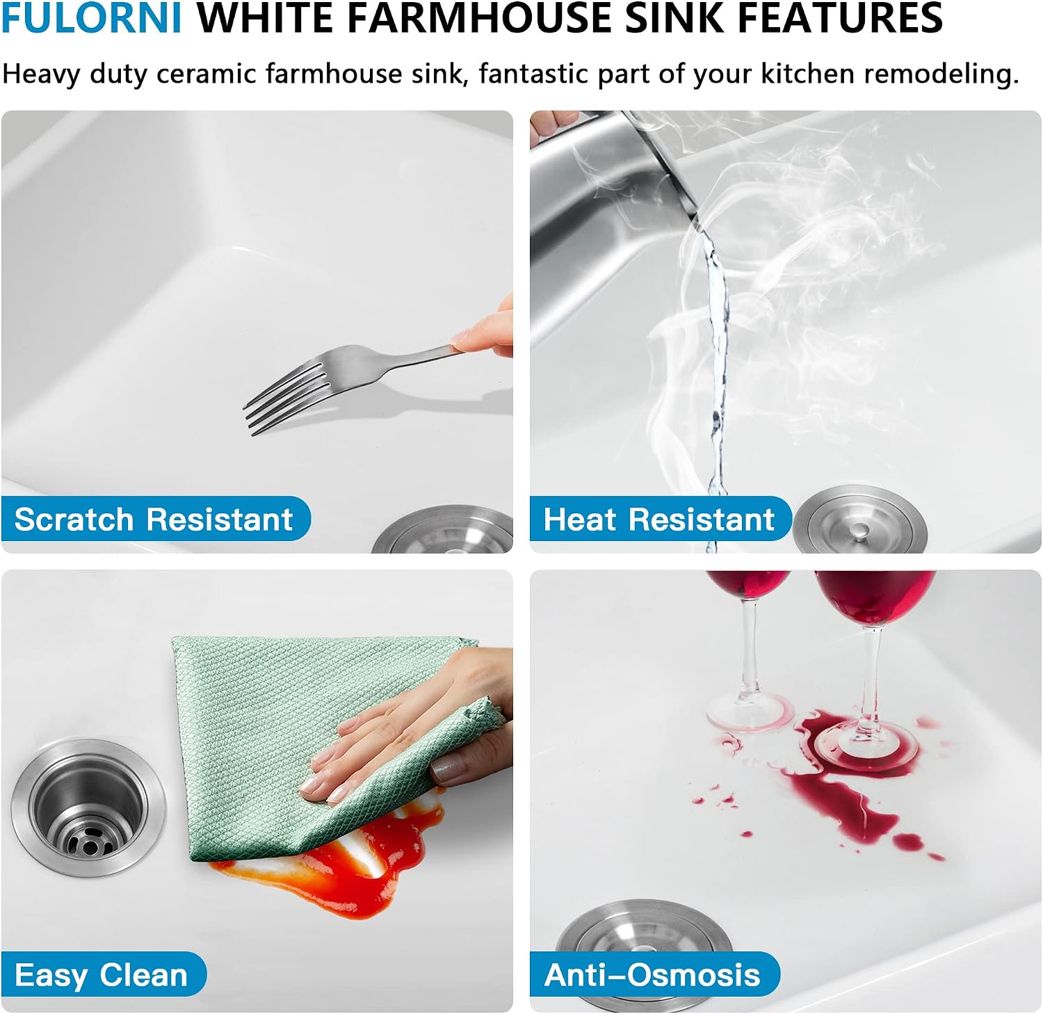 32'x19' White Undermount Kitchen Sink Double Bowl - White Ceramic Porcelain Fireclay Dual Mount Double Bowl 50/50 Drop In Top Mount & Under Counter Sink Basin