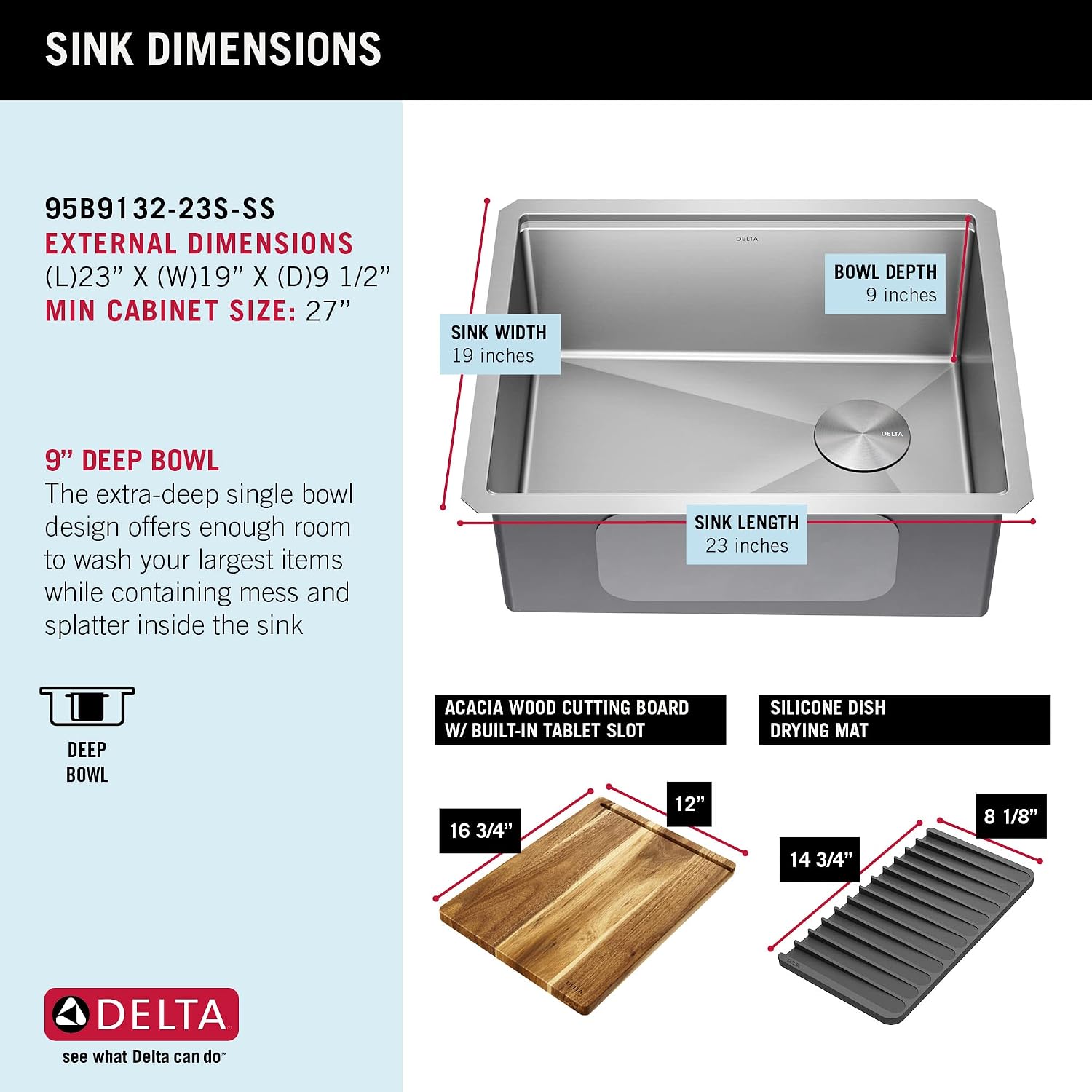 DELTA FAUCET Lorelai 23-inch Workstation Kitchen Sink Undermount 16 Gauge Stainless Steel Single Bowl with WorkFlow Ledge and Kit of 5 Accessories, 95B9132-23S-SS