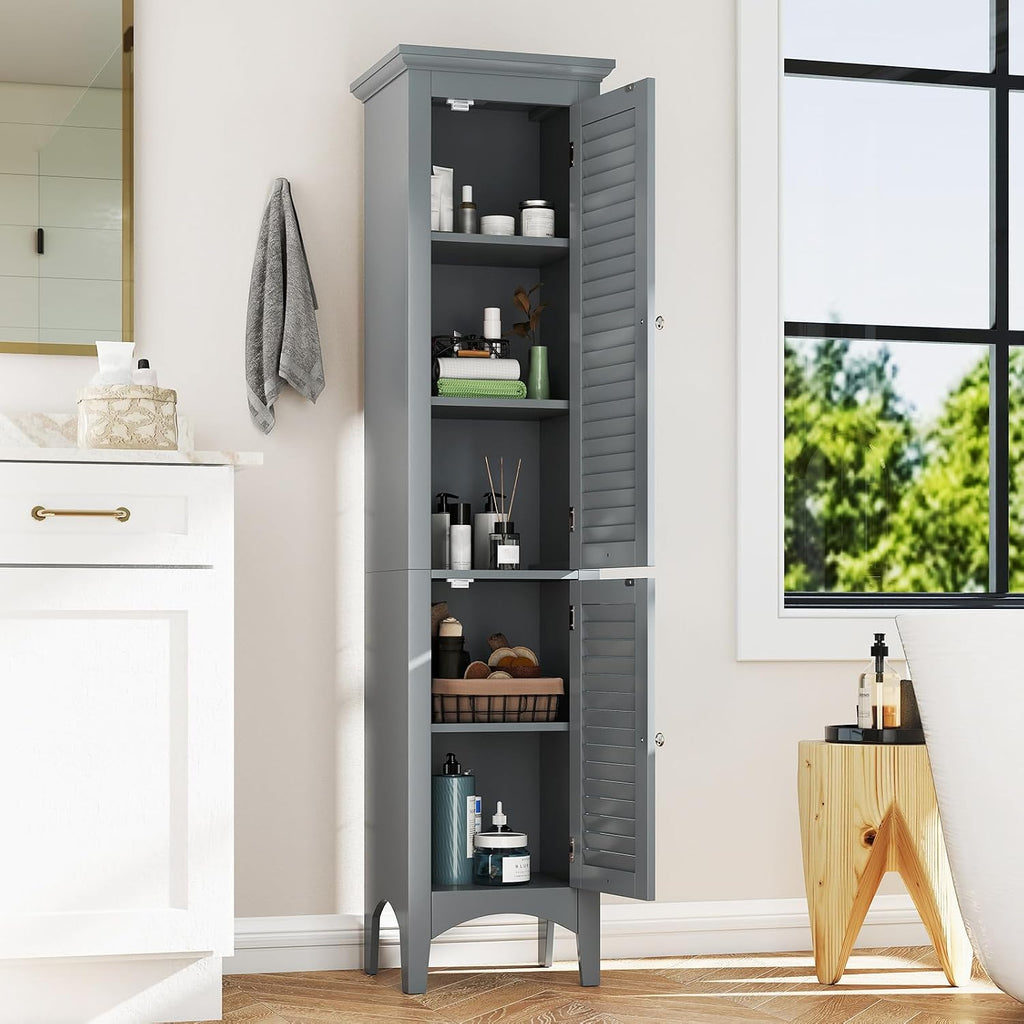 Tangkula 63' Tall Bathroom Storage Cabinet, Freestanding Narrow Linen Tower with Adjustable Shelf, Modern Slim Floor Cabinet with 2 Doors for Bathroom, Living Room, Kitchen (Grey)