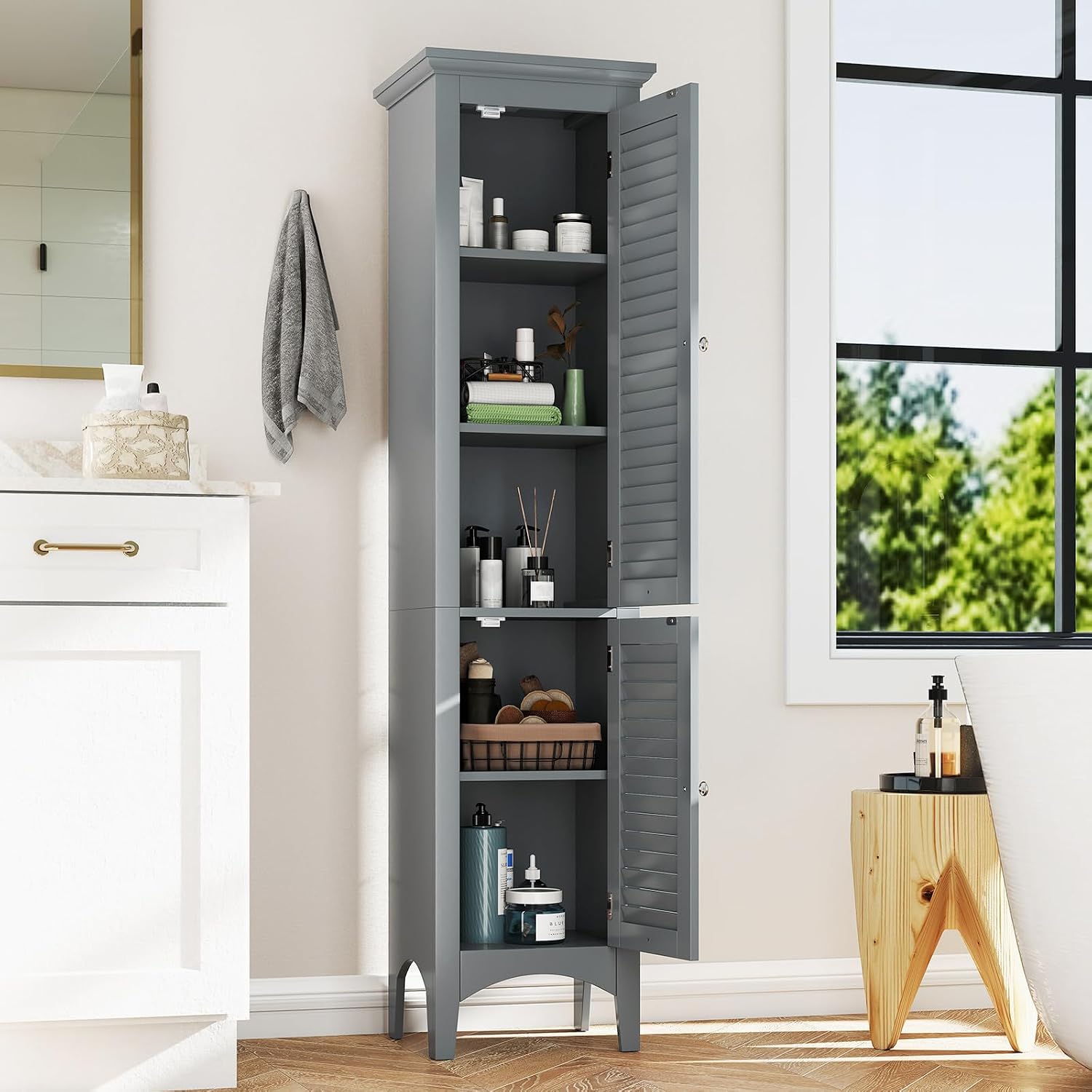 Tangkula 63' Tall Bathroom Storage Cabinet, Freestanding Narrow Linen Tower with Adjustable Shelf, Modern Slim Floor Cabinet with 2 Doors for Bathroom, Living Room, Kitchen (Grey)