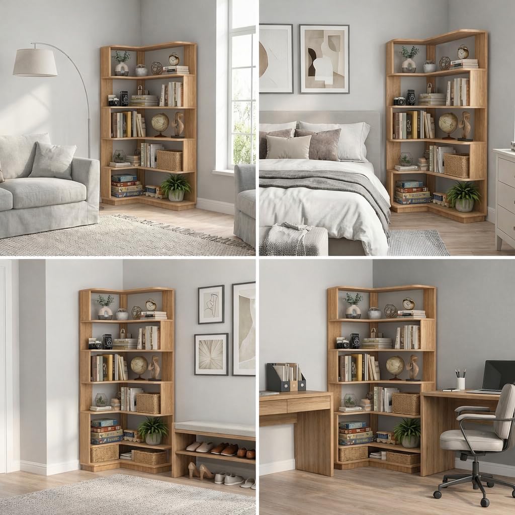 5 Tier Corner Bookshelf, Freestanding L-Shaped Wooden Bookcase with Open Shelves, Anti-Fall Panels and Anti-Tipping Device for Living Room, Home Office (Dark Oak with Right Extension)
