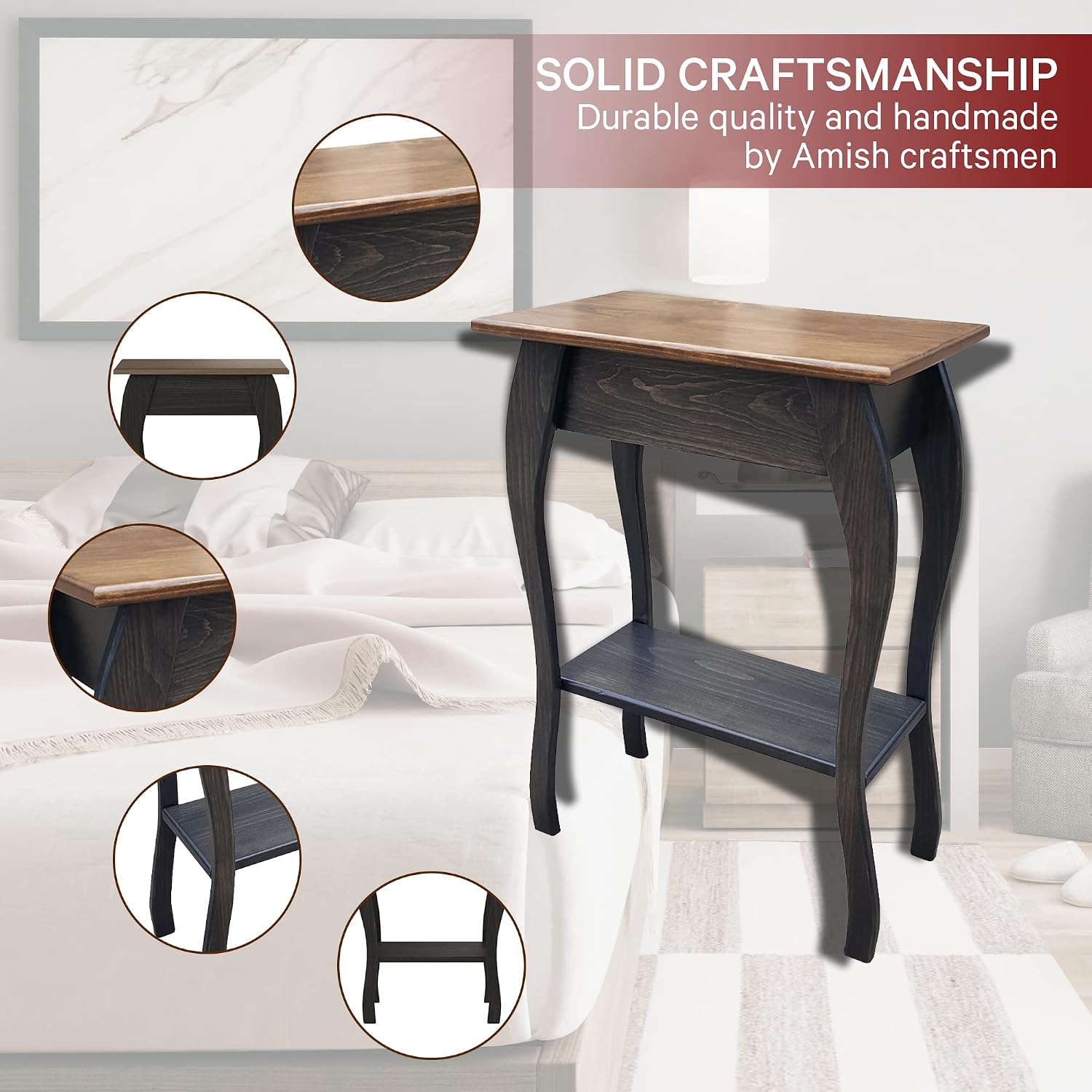 Peaceful Classics Wooden End Table- Amish Handmade Slim Side Table for Living Room, Bedroom, Entry Way, & Hallway, Thin Narrow End Table with 2-Tiered Shelves for Display & Storage, Mocha