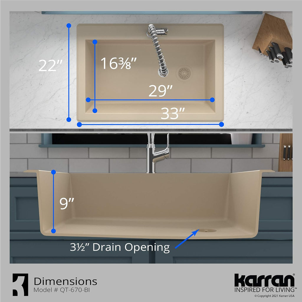 Karran QT-670 Drop-In/Top Mount 33' Single Bowl Granite Quartz Composite Kitchen Sink in Bisque, Right Side Drain, Extra Deep 9' Basin, Heat & Scratch Resistant, Sound Dampening