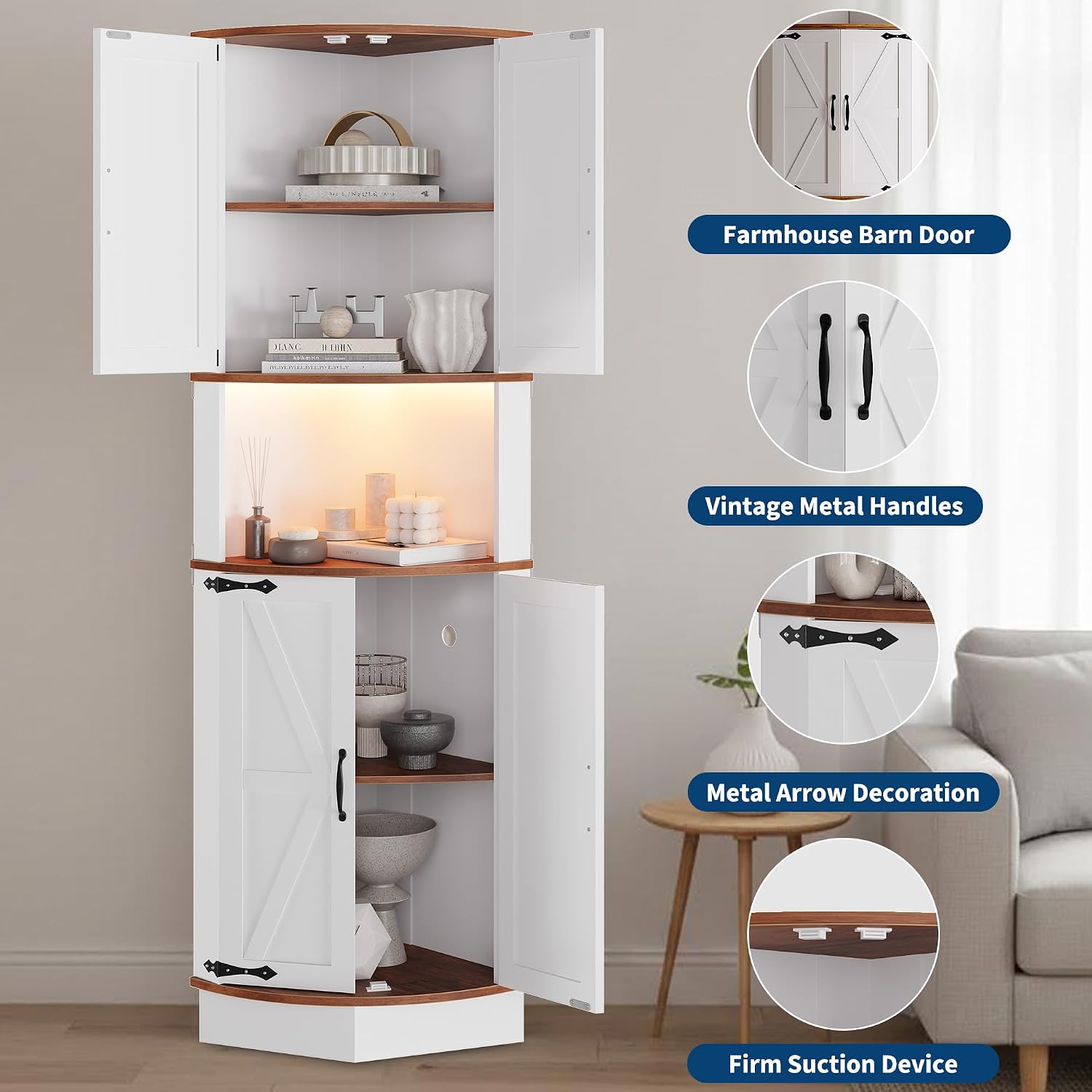 64.6' Farmhouse Corner Cabinet with LED Light, Tall Bathroom Cabinet with 4 Barn Doors and 5 Tier Shelves, Freestanding Corner Bar Cabinet with USB Ports & Outlets for Living Room, Kitchen, Bar, Brown