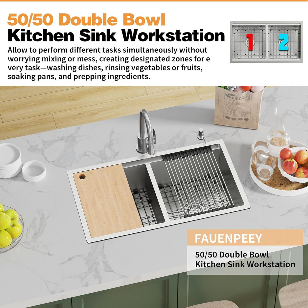33'x19' Kitchen Sink Workstation - 50/50 Double Bowl Stainless Steel Undermount Kitchen Sink Built-in Ledge Drop In Workstation Sink For Placing/Sliding Accessories-Cutting Board,Drying Rack