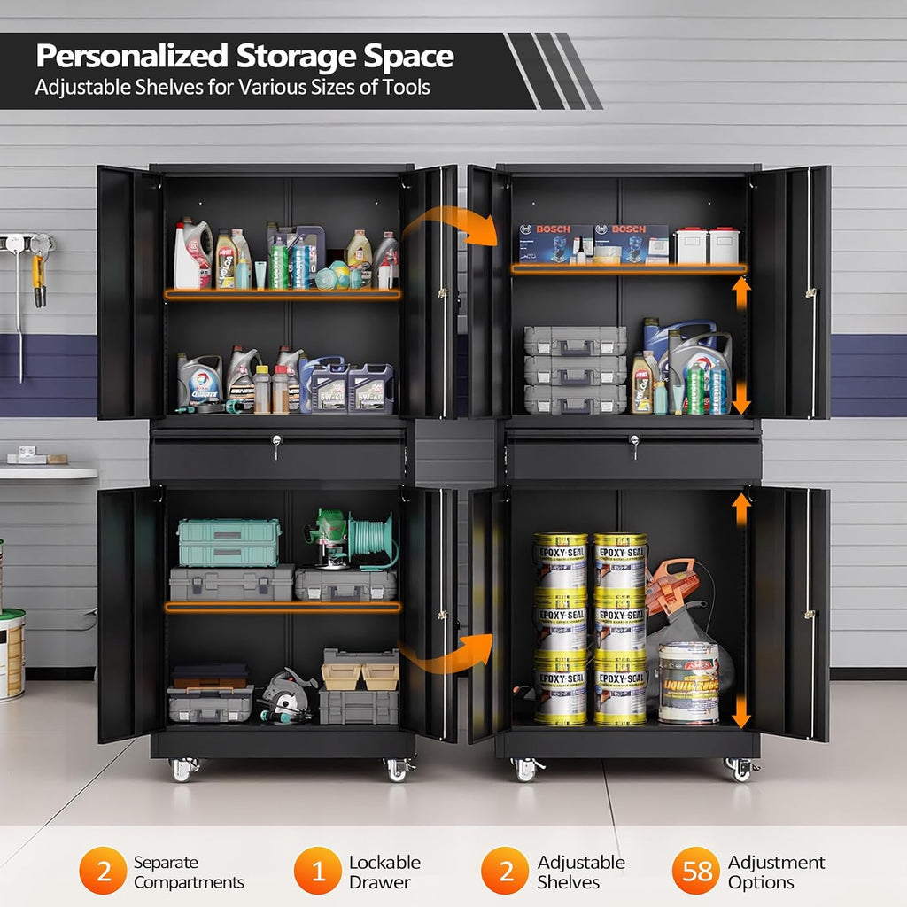 VINGLI 4 Doors & 1 Drawer Metal Storage Cabinet with Locking Wheels & Adjustable Shelves, Lockable Tool Storage Cabinet, Heavy-Duty Garage Storage Cabinet for Home, Garage, Workshop, Office (Black)