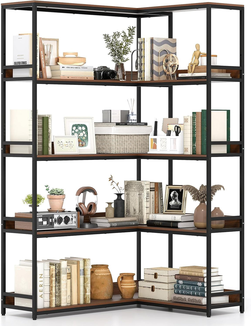 Tangkula Large Corner Bookshelf, 90 Degrees 5-Tier Industrial Wood Open Corner Bookcase for Small Spaces, Heavy-Duty Metal Frame, 71'H L-Shaped Storage Display Rack for Living Room (Walnut)
