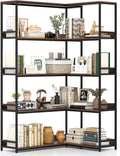 Tangkula Large Corner Bookshelf, 90 Degrees 5-Tier Industrial Wood Open Corner Bookcase for Small Spaces, Heavy-Duty Metal Frame, 71'H L-Shaped Storage Display Rack for Living Room (Walnut)