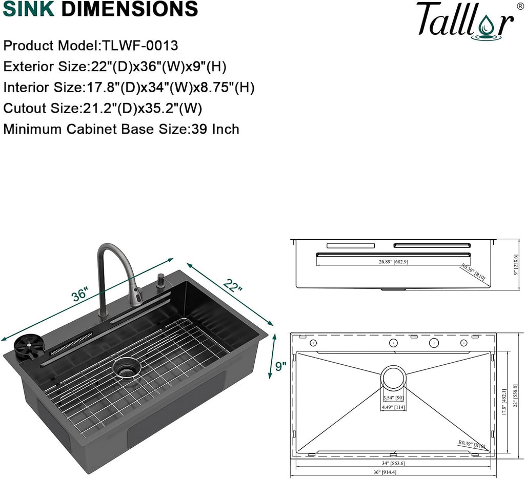 36 Inch Black Drop In Kitchen Sink with Faucet Waterfall 16 Gauge Stainless Steel Workstation All-In One Single Bowl 3-Holes Sink with Cup Washer, Soap Dispenser, Gunmetal Black #TLWF-0032