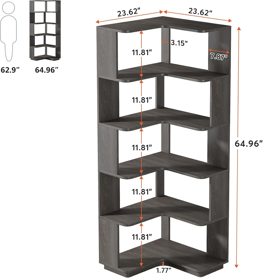 LITTLE TREE 65-Inch Tall Corner Bookshelf, 6-Tier Industrial Corner Bookcase with Side Panels, Freestanding Wood Grain Corner Shelf Display Rack for Home Office, Living Room