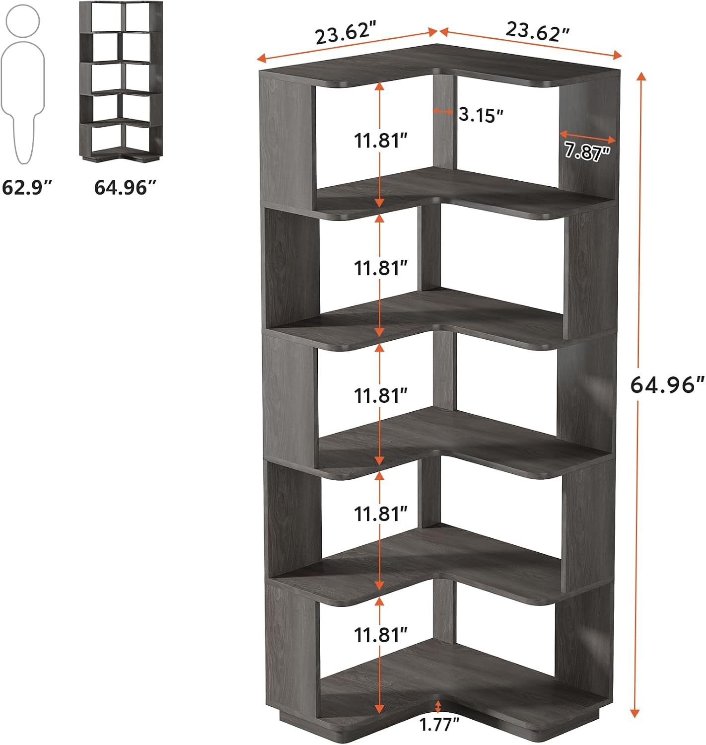 LITTLE TREE 65-Inch Tall Corner Bookshelf, 6-Tier Industrial Corner Bookcase with Side Panels, Freestanding Wood Grain Corner Shelf Display Rack for Home Office, Living Room