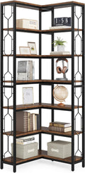 LITTLE TREE Corner Bookshelf, 7-Tier Bookcase, Tall Book Shelf Modern Book Case for Books, Garage Kit, CDs, Movies, Industrial Storage Organizer for Bedroom Home Office Kitchen Living Room, Brown