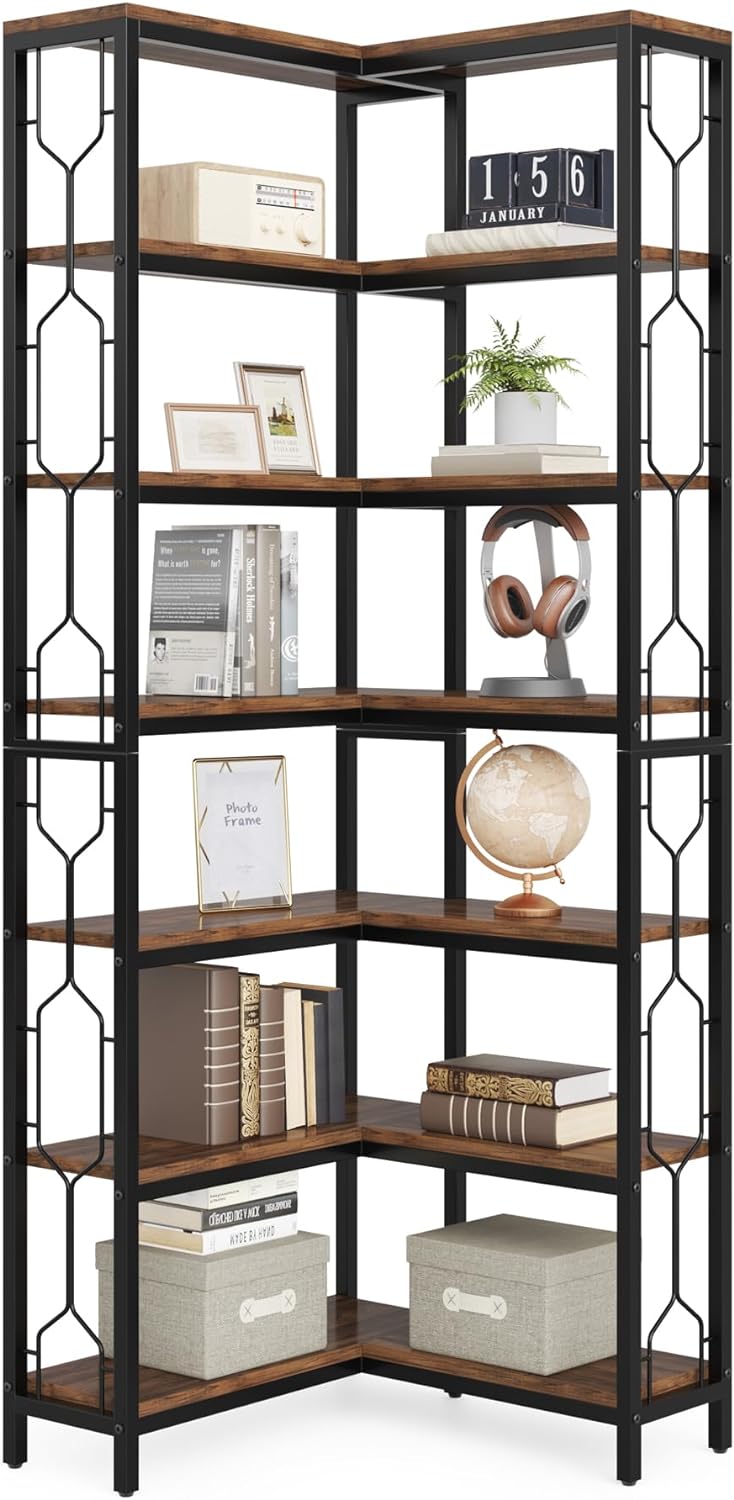 LITTLE TREE Corner Bookshelf, 7-Tier Bookcase, Tall Book Shelf Modern Book Case for Books, Garage Kit, CDs, Movies, Industrial Storage Organizer for Bedroom Home Office Kitchen Living Room, Brown