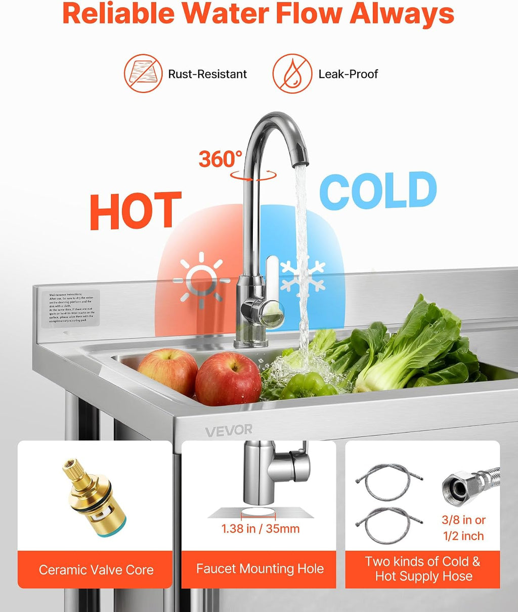 VEVOR Stainless Steel Utility Sink, Free Standing Single Bowl Commercial Kitchen Sink with Faucet, Utility Right Basin Workbench with Hot & Cold Water Pipe for Garage Restaurant Laundry, 47x19.7x37 in