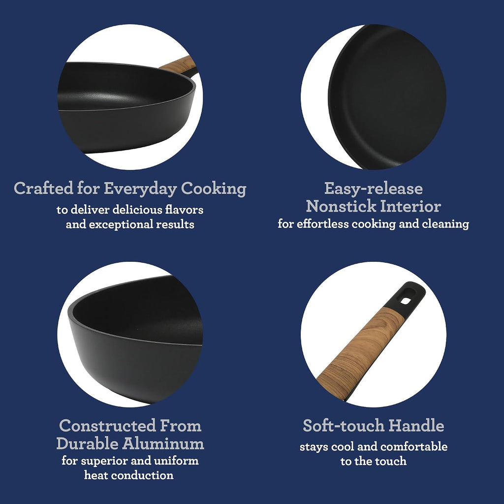 Oster Platinum Oxburg 10 Inch Frying Pan Forged Aluminum PFA Free Non-toxic Premium Ceramic Non Stick Interior Skillet, Kitchen Egg Pan, Omelet Pan - Black w/Wood Handles