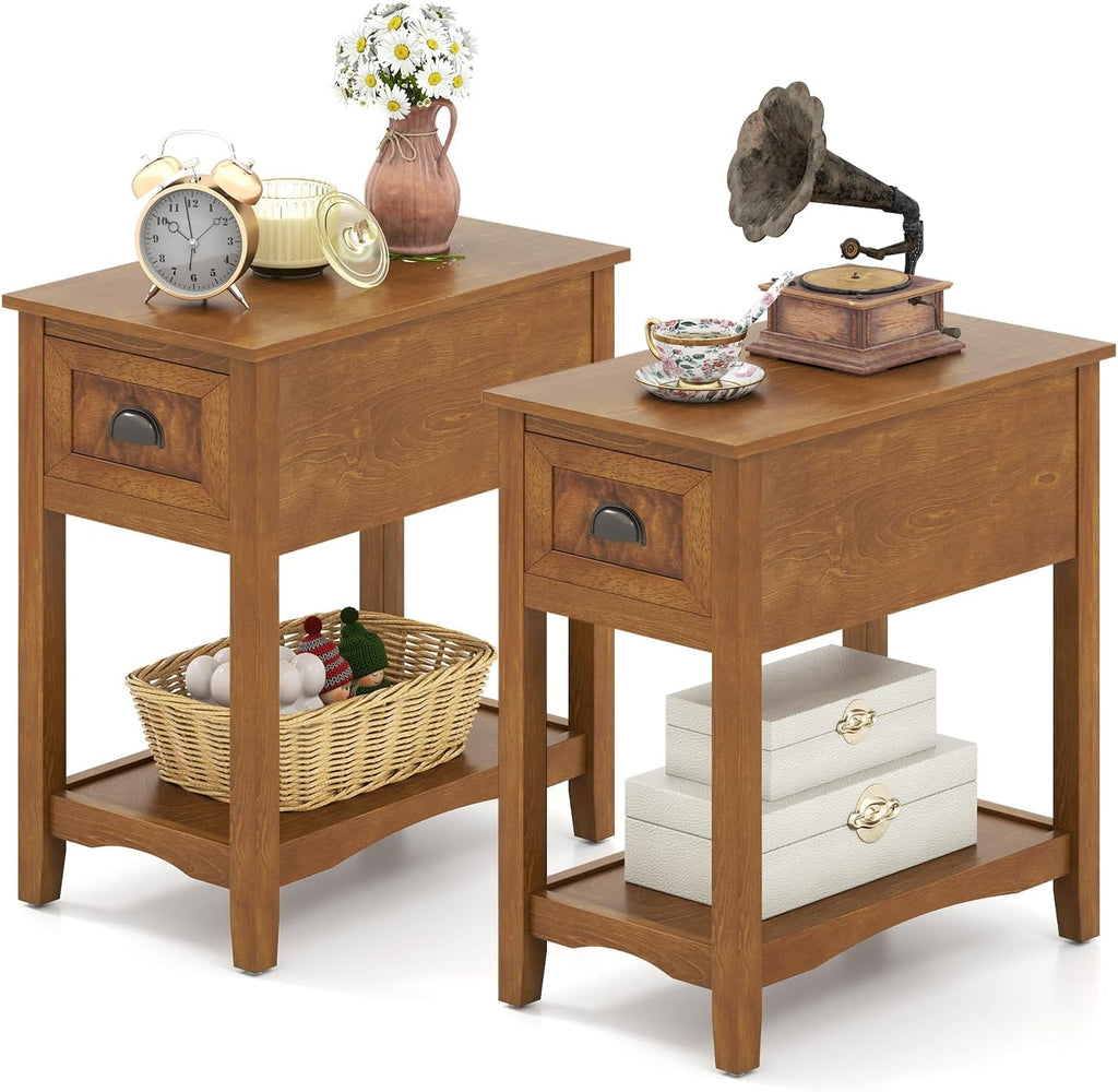 GOFLAME Narrow End Table with Drawer, Retro Sofa Side Table with Storage Shelf & Solid Rubber Wood Legs, Farmhouse Bedside Tables, Rustic Nightstand for Living Room, Bedroom, Light Brown (2)