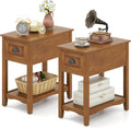 GOFLAME Narrow End Table with Drawer, Retro Sofa Side Table with Storage Shelf & Solid Rubber Wood Legs, Farmhouse Bedside Tables, Rustic Nightstand for Living Room, Bedroom, Light Brown (2)