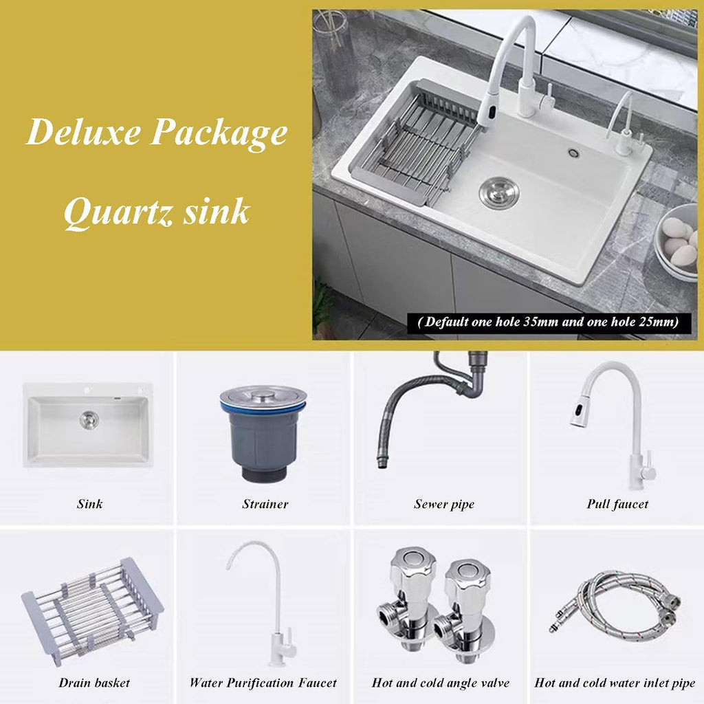 White Quartz Stone Sink Large Single Bowl Kitchen Sink Granite Sink Drop-in Washing Bowl with Pull Out Faucet and Water Purification Faucet Combo, White (White-50x43cm