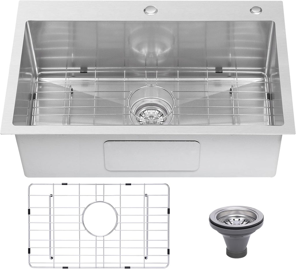 Drop In Kitchen Sink 28x18', 9' Basin Depth, 18 Gauge Stainless Steel Sink, 3D Embossed Surface Finish Top Mount with Accessories