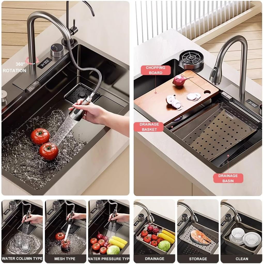 Stainless Steel Waterfall Sink Single-Bowl Kitchen Sink Nano-Coated Workstation Sink with Pull-Out Faucet and Cup Washer Easy-to-Clean (Black-75x45x21cm