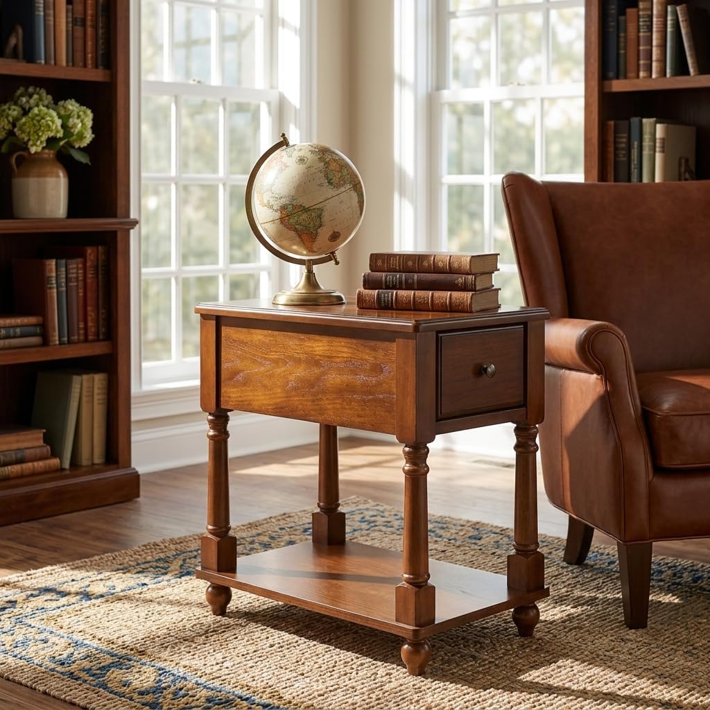 Narrow End Table with Drawer and Open Storage Shelf, Solid Wood Sofa Side Table for Living Room, Beside Table,Telephone Table for Small Spaces, No-Tools Assembly Caramel Brown BBJ004DR